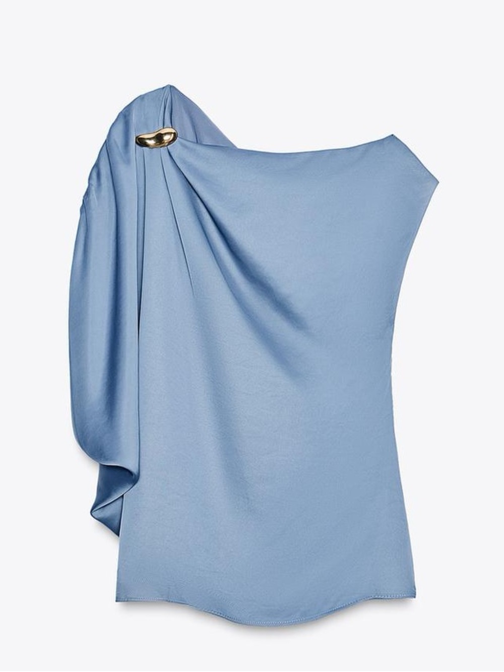 ZARA Asymmetric Sleeveless Draped Sky Blue Satin Top with Shoulder Detail. M NWT